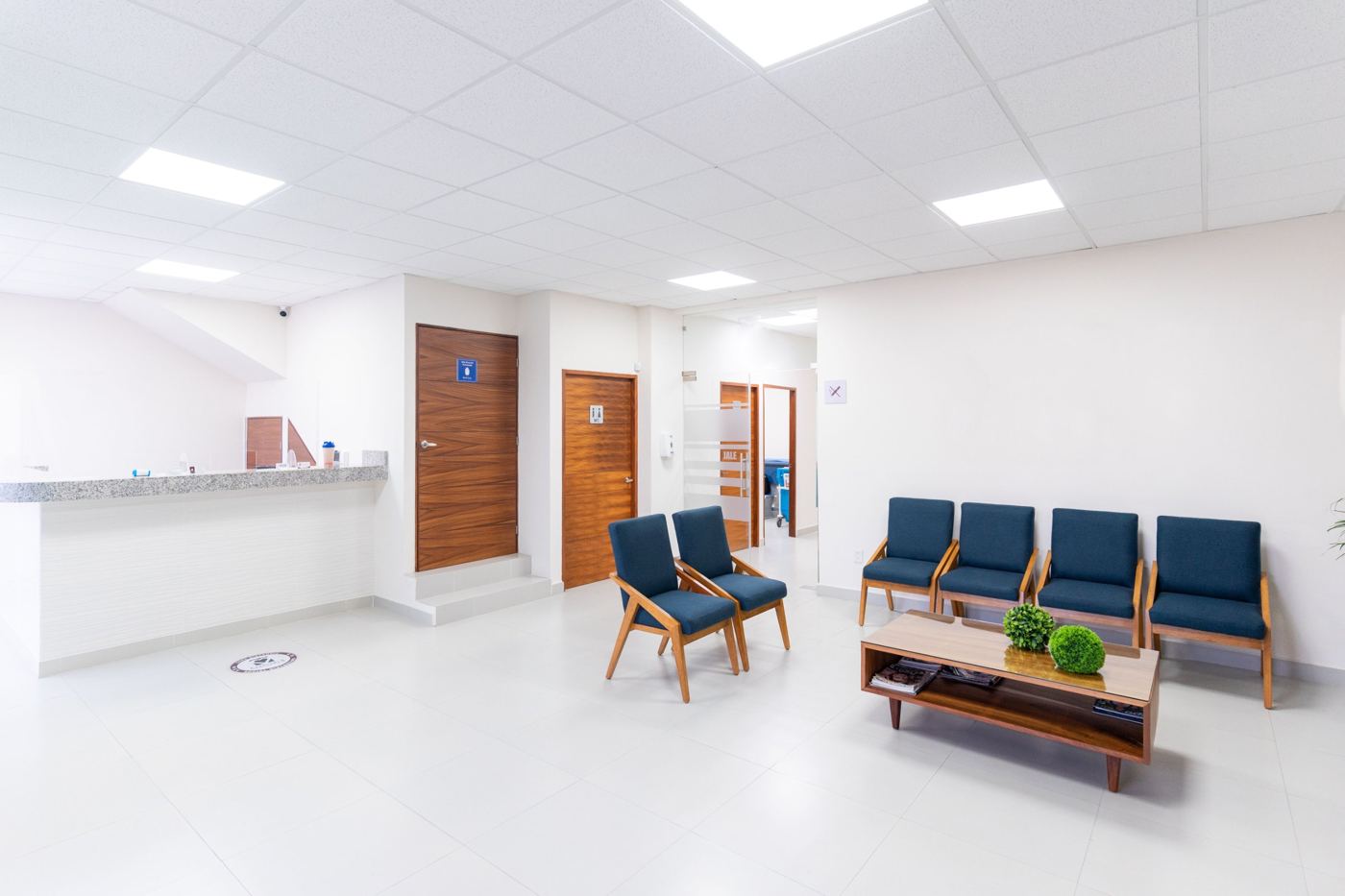 A bright clinic waiting room with blue chairs, wood doors and the reception counter